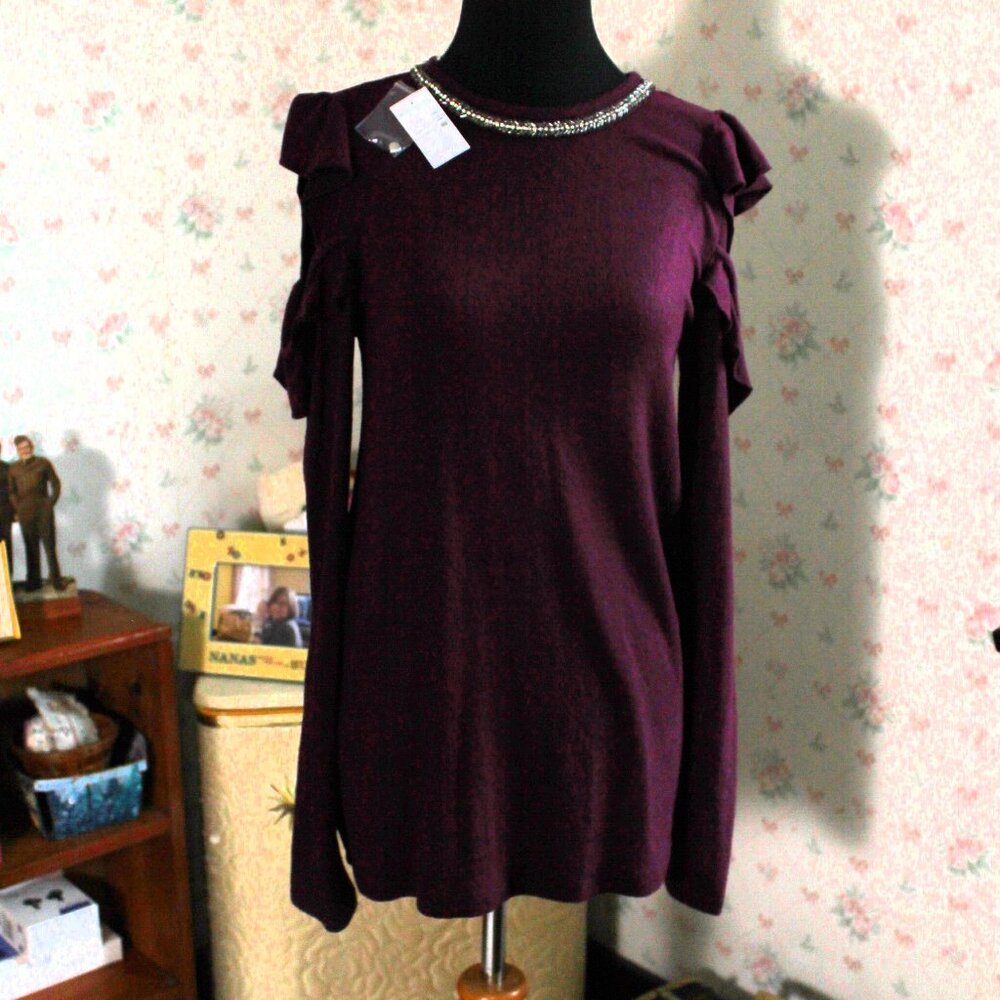 NWT Maurices Plum Cold Shoulder Tunic Sweater w/ Rhinestone Trim, XS